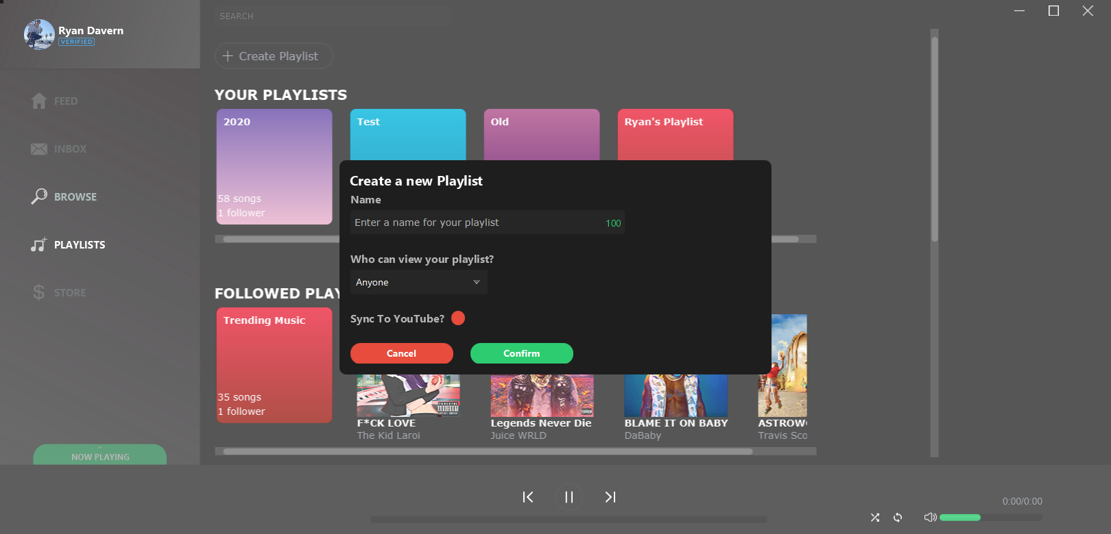 Create a Playlist popup.
