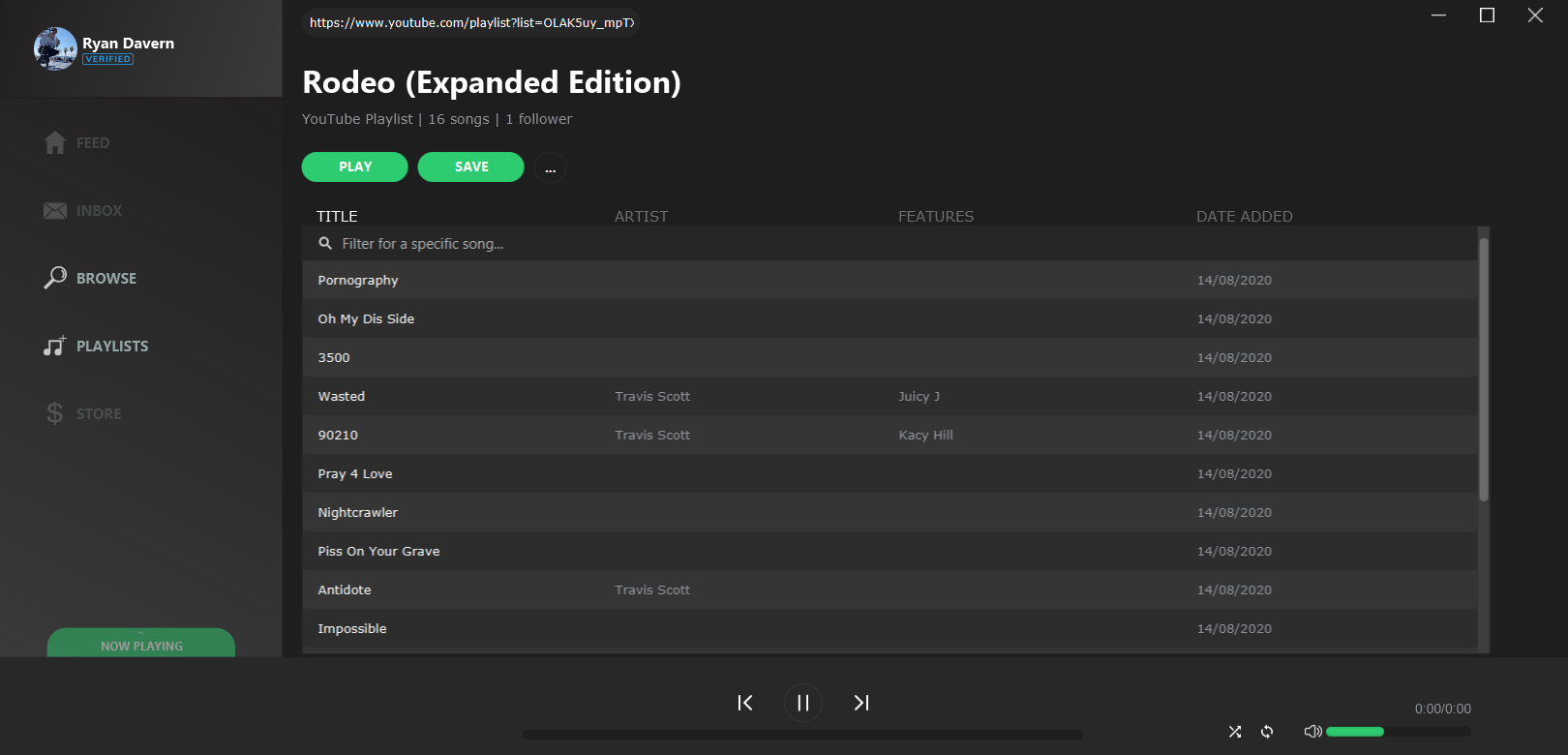Import a Playlist from YouTube by entering the playlist url into the top search field.