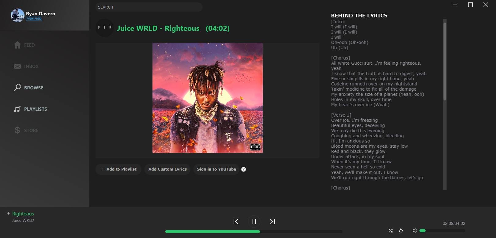 Now Playing page displays the current playing video and lyrics if they can be found.