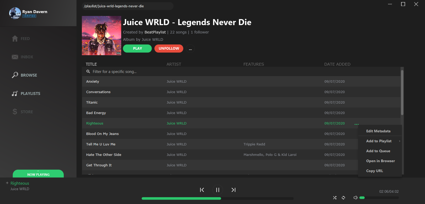 Song dropdown menu lets you add a song to the queue, open the song in your web-browser, copy the song url and set the start and end time of the song. For example, if you have a song that has a 30 second intro, you can set the start time of the song to 30 seconds.
